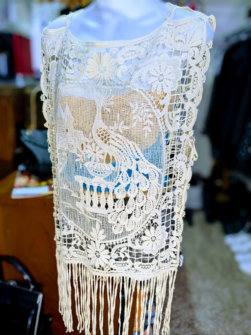 Vintage Cream Crochet Fringe Tunic Top